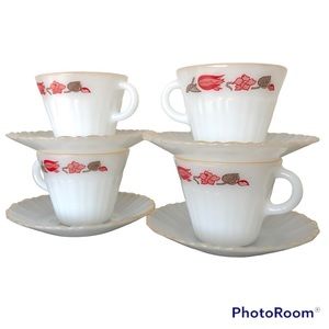 Vintage 1960’s Termocrisa Mexico Opaque Milk Glass Tea Cup and Saucer Set of 4